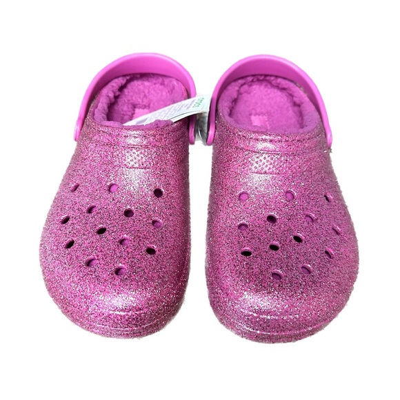 Size 6 Big Kids Pink Glitter Fur Lined Crocs - Picture 3 of 7